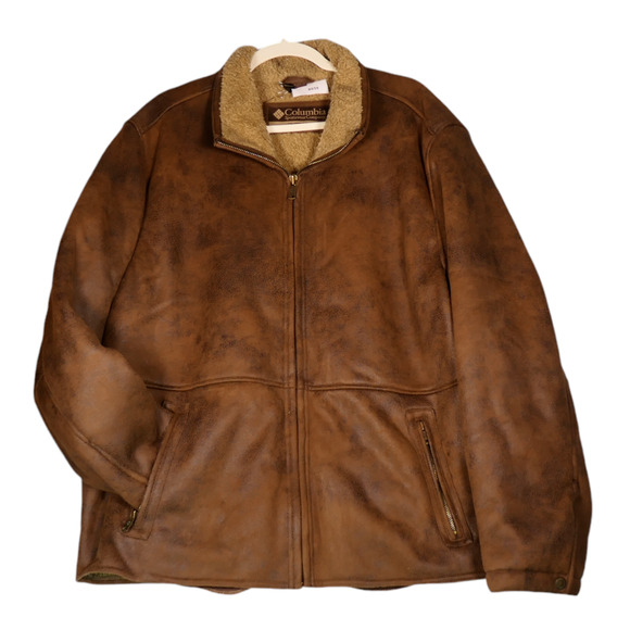 Vintage Columbia Faux Suede Chore Coat Jacket Mens L Brown Pockets Fleece Lined